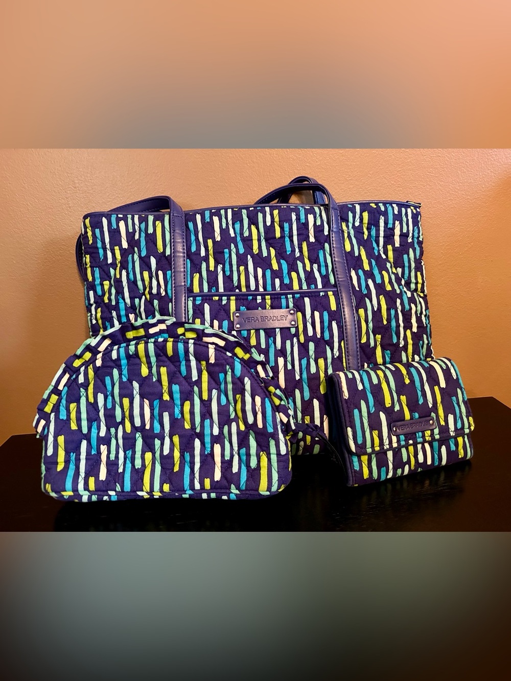 Vera Bradley Katalina Showers Quilted Tote with Matching Wallet and Cosmetic Bag